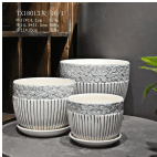 Round shaped ribbed white ceramic planter.